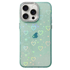 For iPhone 15 Pro Max Love Pattern Diamond Lens Frame IMD Acrylic Phone Case