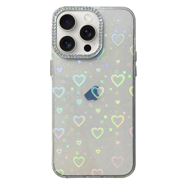 For iPhone 15 Pro Max Love Pattern Diamond Lens Frame IMD Acrylic Phone Case